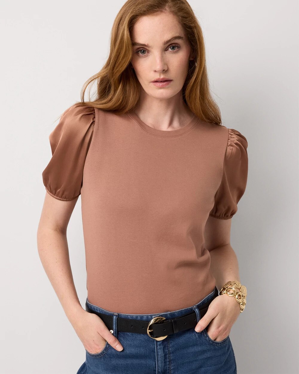 Satin Puff Sleeve Knit Tee | White House Black Market